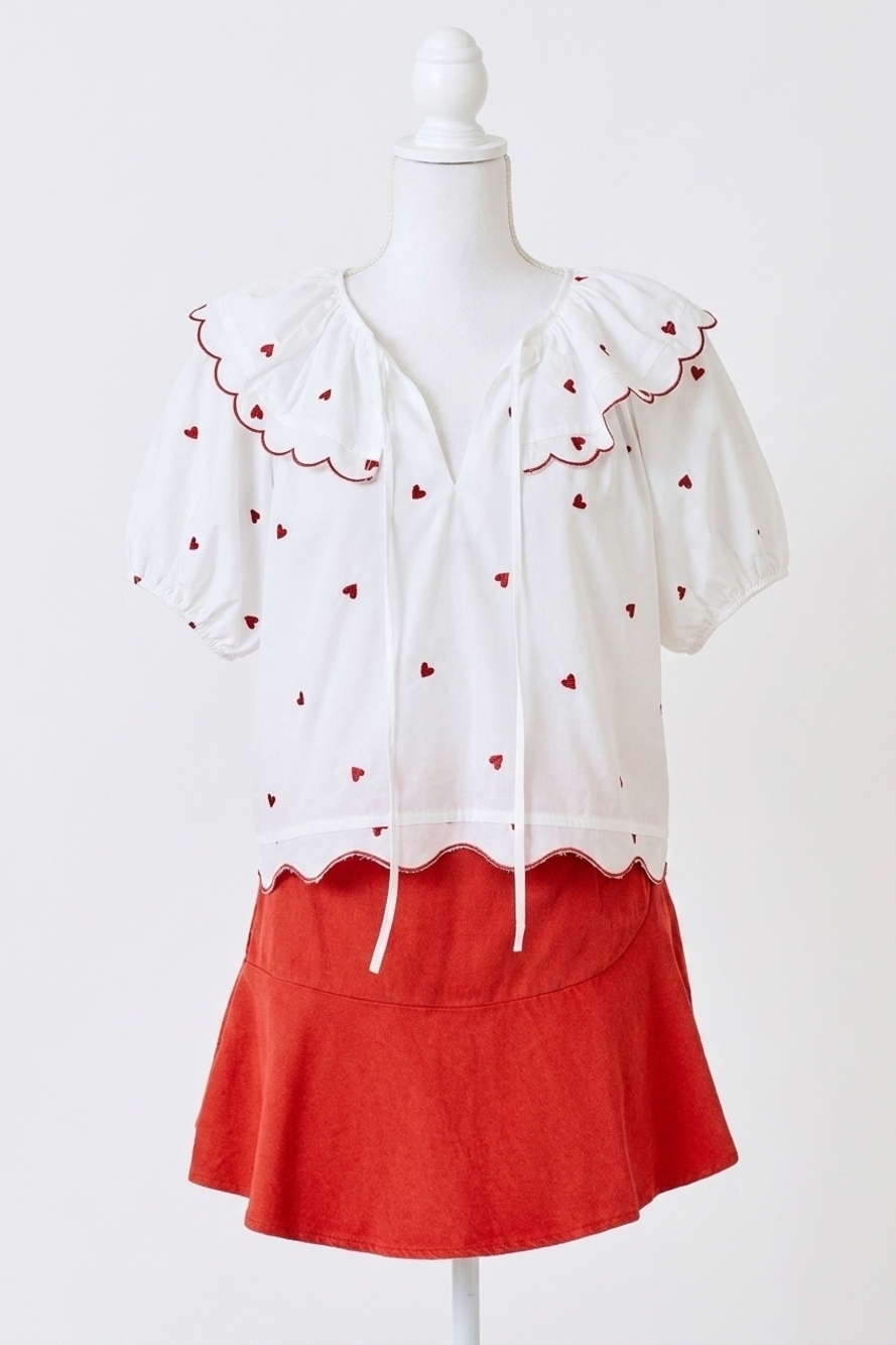 NEW DAY + MOON candy hearts embroidered top in white/red